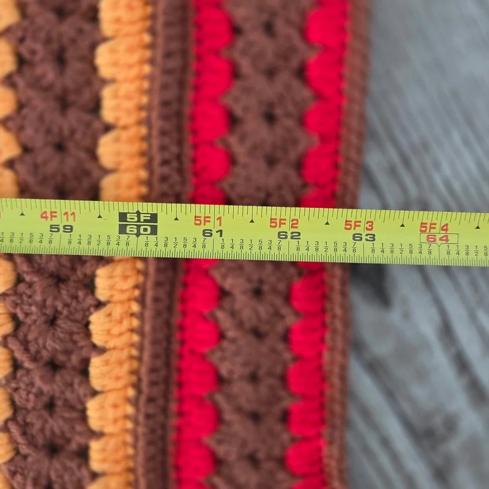 Vintage Handmade Crochet Rainbow Stripe Blanket Brown Scalloped Edge Retro 68x60